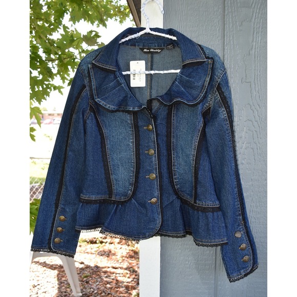 New Identity Jackets & Blazers - Midnight Denim Lace Trim Ruffle Peplum Jacket Medium New Identity